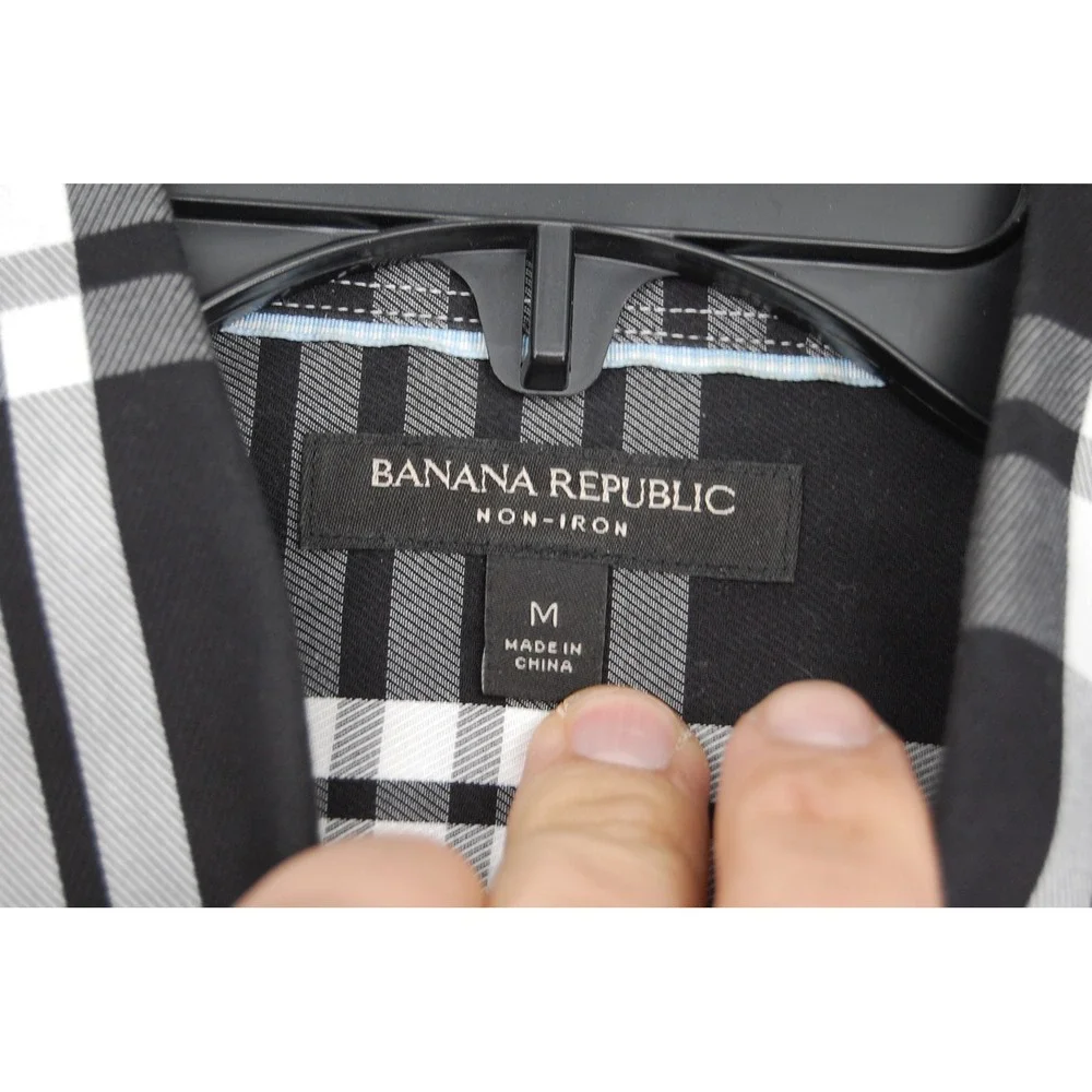Banana Republic Mens Non Iron Plaid Button Down Shirt Black White Size‎ Medium